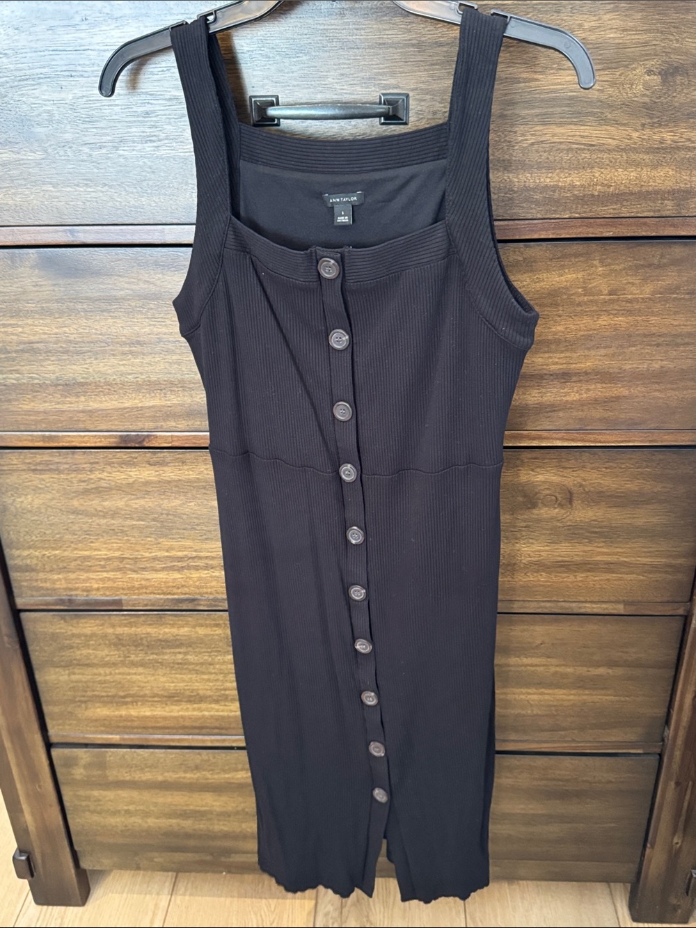 Ann Taylor Black Ribbed Button-Front Midi Dress